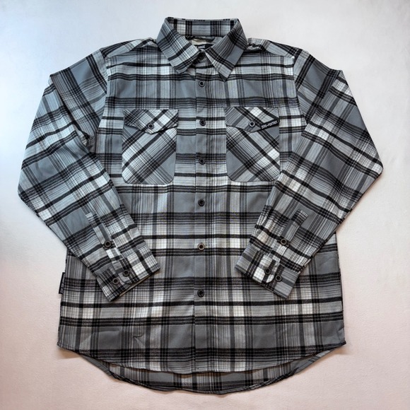 ZERO FOXTROT The Zero Flannel Plaid Button Up Shirt Men's Large Grey Black White - Picture 2 of 8